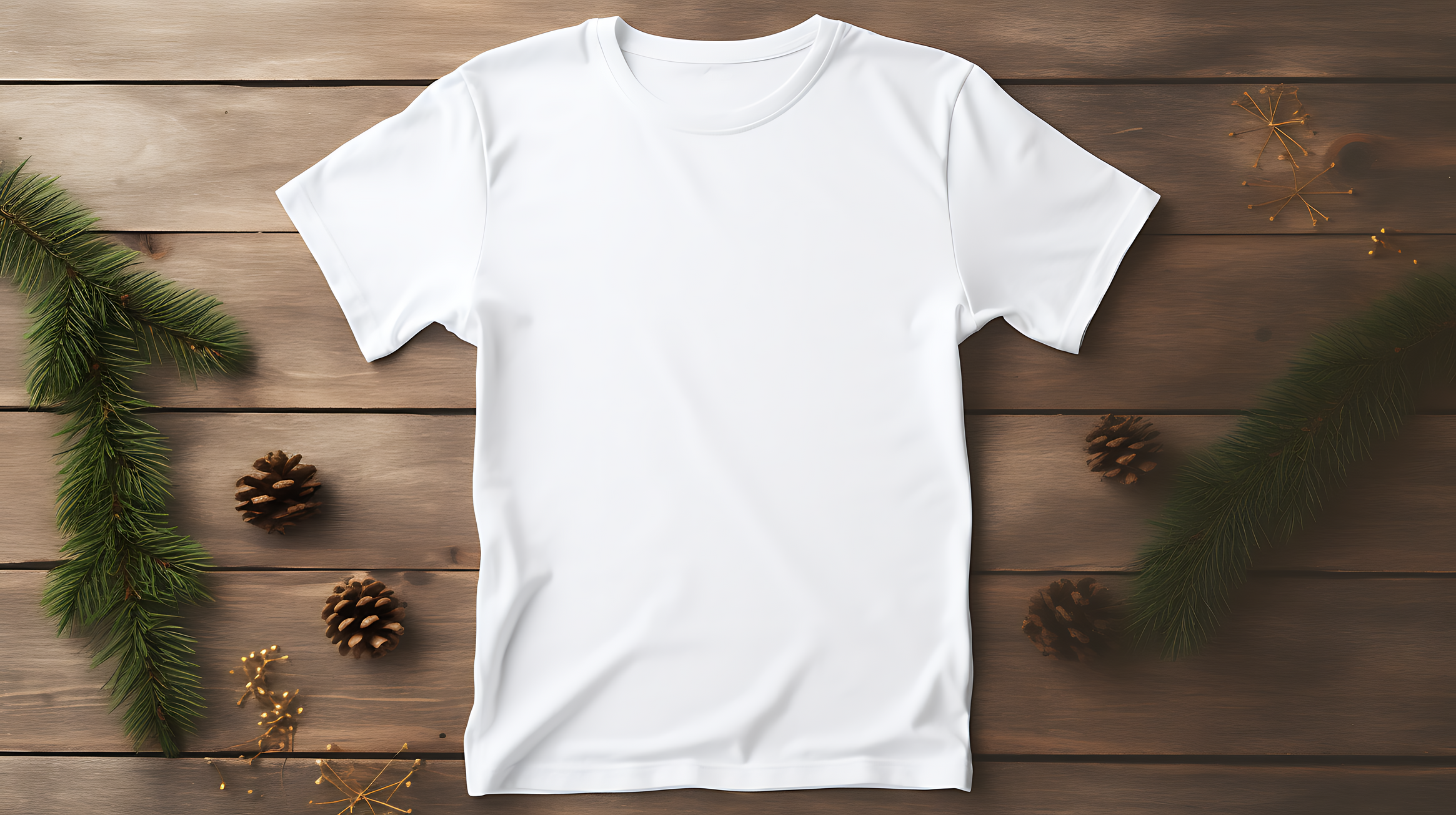 T-shirt Mockup in Wooden Background with Christmas Ornaments