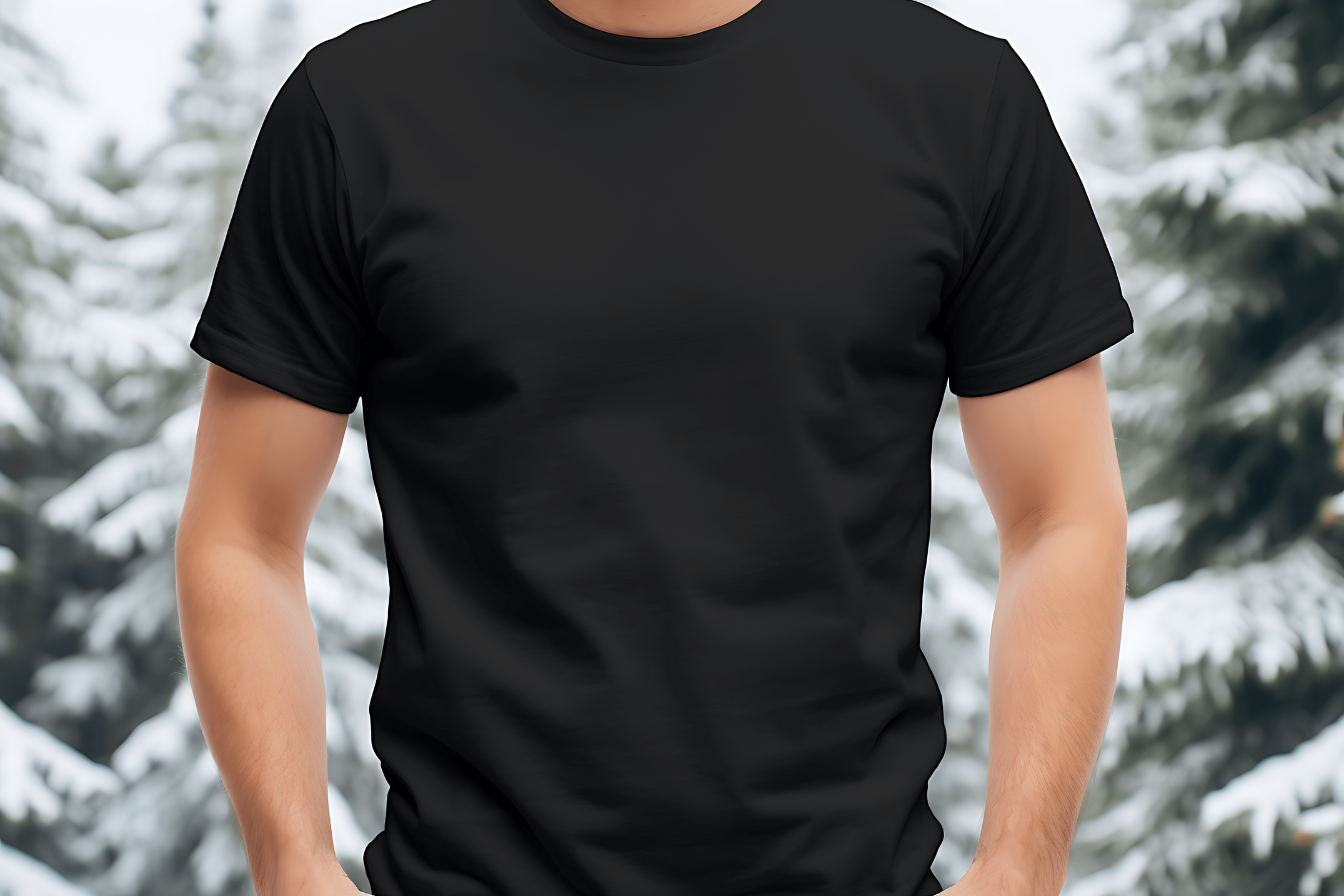 Man in black t-shirt outside falling snow